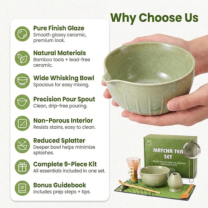 Matcha Whisk Set 9 Pcs | 19oz Ceramic Matcha Bowl with Bamboo Whisk & Holder, Sifter, Chashaku Scoop, Wooden Spoon, Scoop Rest, Tea Towel & Gift Box | Complete Matcha Set Kit for Matcha Lovers