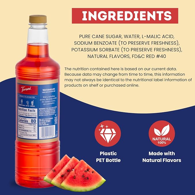 Torani Watermelon Syrup 1 Liter with Pump – Juicy Summer Flavoring for Drinks, Cocktails & Mocktails – Pure Cane Sugar, Natural Flavors, BPA-Free Bottle – Refreshing Beverage Syrup - Image 7