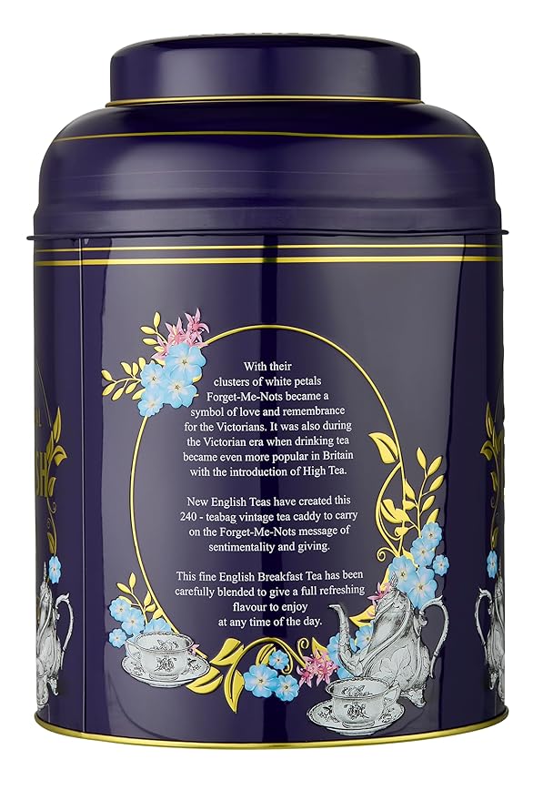 New English Teas Vintage Victorian Tea Tin in Royal Purple With 240 English Breakfast Teabags, Forget Me Not Florals