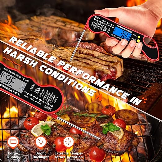 Instant Read Meat Thermometer, Fast & Accurate Digital Food Thermometer with Backlight, Waterproof & Magnet for Grilling, Cooking, BBQ, Smoker, Baking, and Candy Making Red