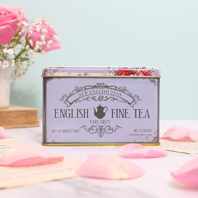 New English Teas Vintage Floral Tea Tin with 40 Earl Grey Teabags with Bergamot Flavouring
