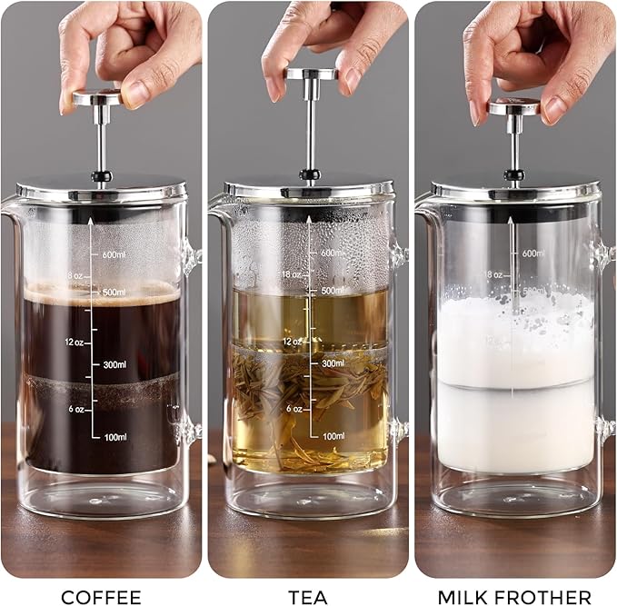 Bincoo French Press Coffee Maker 600ML,Double Wall Insulated Borolicate Glass French Press for Tea and Frothed Milk Press