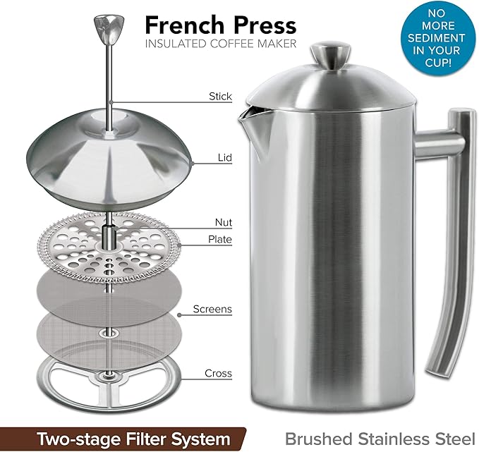 Frieling USA Double-Walled Stainless-Steel French Press Coffee Maker in Frustration Free Packaging, Brushed, 36 Ounces