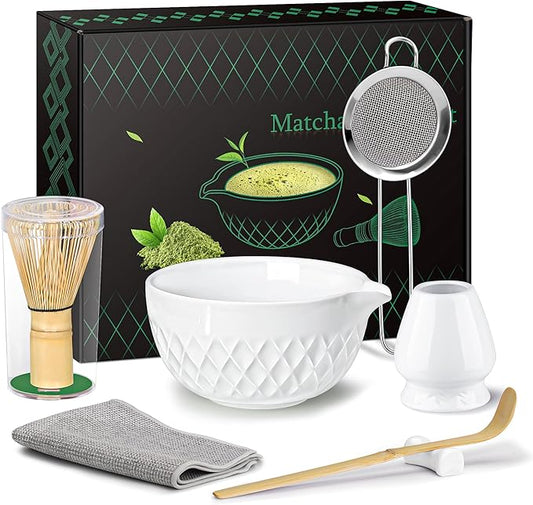 Matcha Whisk Set, 7 Pcs Matcha Kit, Ceramic Matcha Set Includes Matcha Bowl with Spout, Matcha Whisk and Holder, Bamboo Scoop, Scoop Rest, Sifter and Tea Towel (Ceramic White)