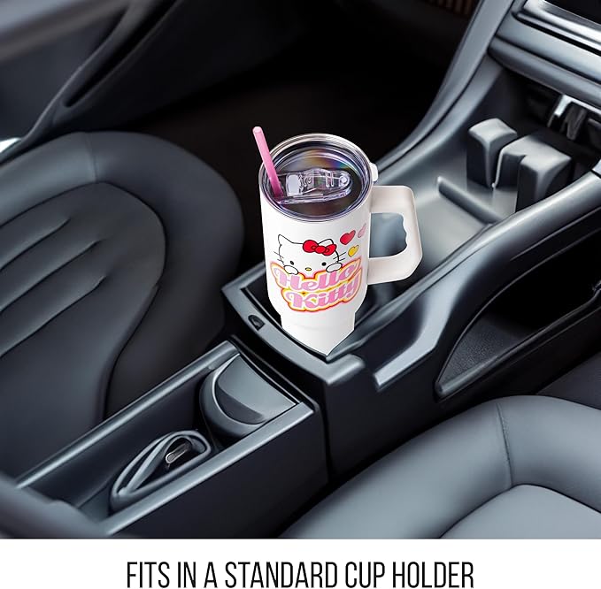 Silver Buffalo Sanrio Hello Kitty Name and Hearts Double Walled Stainless Steel Tumbler with Handle and Straw, Fits in Standard Cup Holder, 40 Ounces