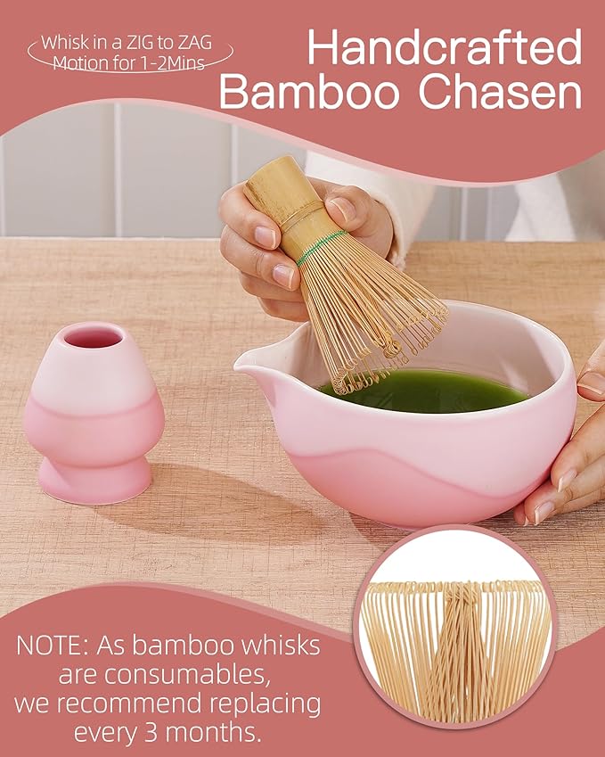 ZENS Matcha Whisk Set, Ceramic Matcha Kit Set Includes Matcha Bowl, Matcha Whisk and Holder, Bamboo Scoop & Holder, 304 Sifter and Tea Mat - 6Pcs Matcha Kit for Matcha Lovers-Pink