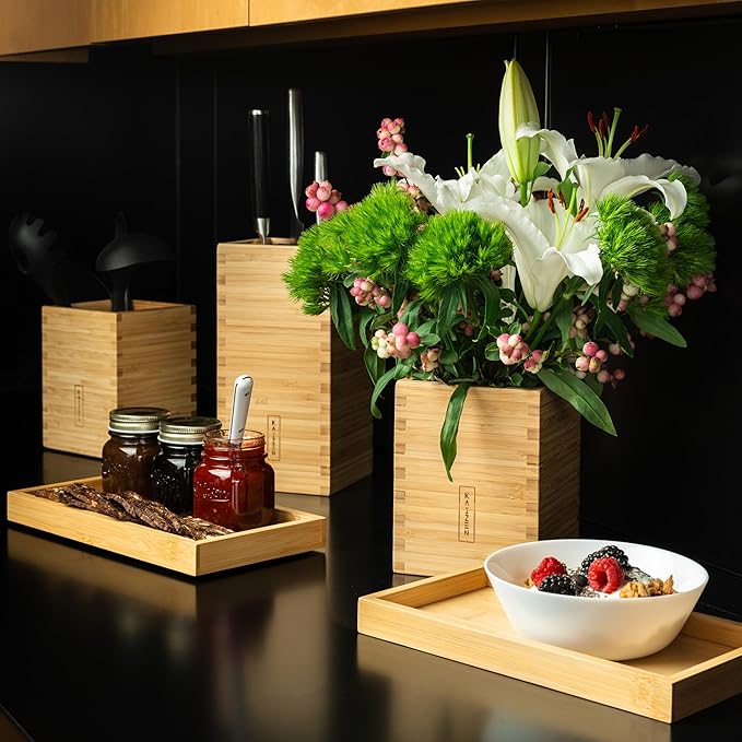 Kaizen Bamboo Utensil Drawer Organizer Tray - Premium Utensil Holder for Kitchen - Multi-Purpose Bamboo Organizer for Cooking Utensils - Large Tray with Anti-Slip Base for Drawers - Natural