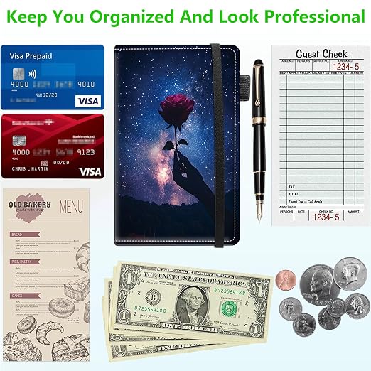 Server Books for Waitress, 5x9 Inch Waitstaff Server Order Pads, 11 Large Pockets, Cute PU Leather Waitress Book Server Wallet with Elastic Band Fit Server Apron,Rose in Starry Sky - Image 5