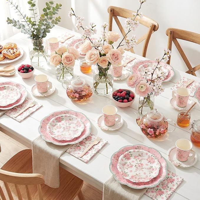 Pickmesh 252 Pcs Pink Floral Tea Party Supplies for 36 Guests Pink Floral Paper Disposable Dinnerware Flower Teacups with Handle and Saucers Set for Tea Party Decorations Birthday Wedding