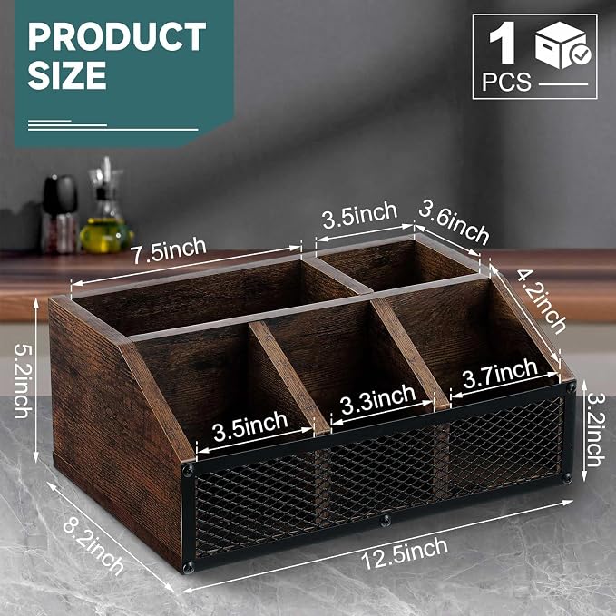 Yalikop Coffee Station Organizer for Countertop, All in One No Assembly Wood Coffee Creamer Bar Holder with Iron Mesh, Office Tea Bar Accessories Gift for New Home Birthday(Dark Brown,Classical) - Image 2