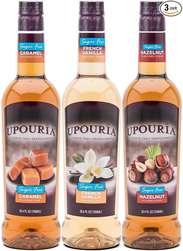 Upouria Coffee Syrup Sugar Free Variety Pack: French Vanilla, Caramel and Hazelnut, 100% Vegan, Gluten Free, Kosher, Keto, 750 mL Bottle (Pack of 3) - Pump Sold Separately