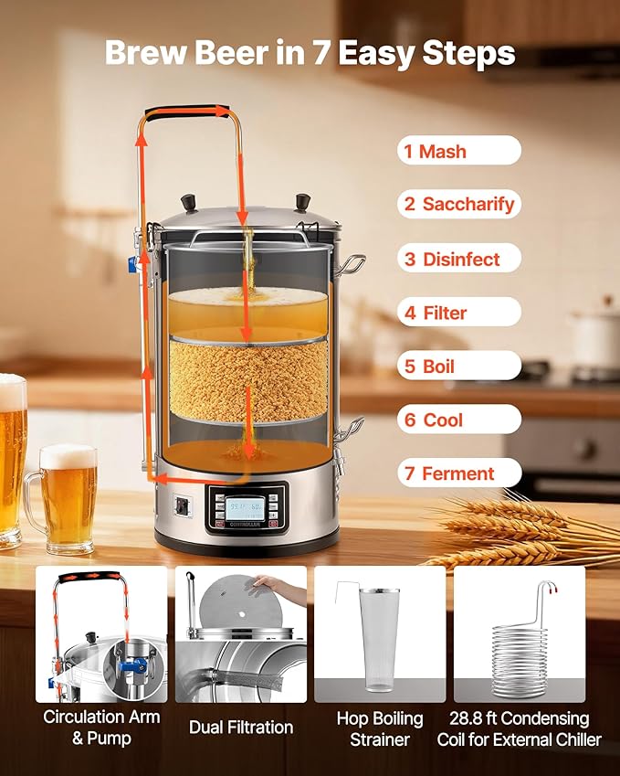 VEVOR Electric Brewing System, 9.2 Gal/35 L Brewing Pot, All-in-One Home Beer Brewer w/Pump, Mash Boil Device w/Panel, Auto/Manual Mode 100-1800W Power 25-100℃ Temp 1-180 min Timer Recipe Memory