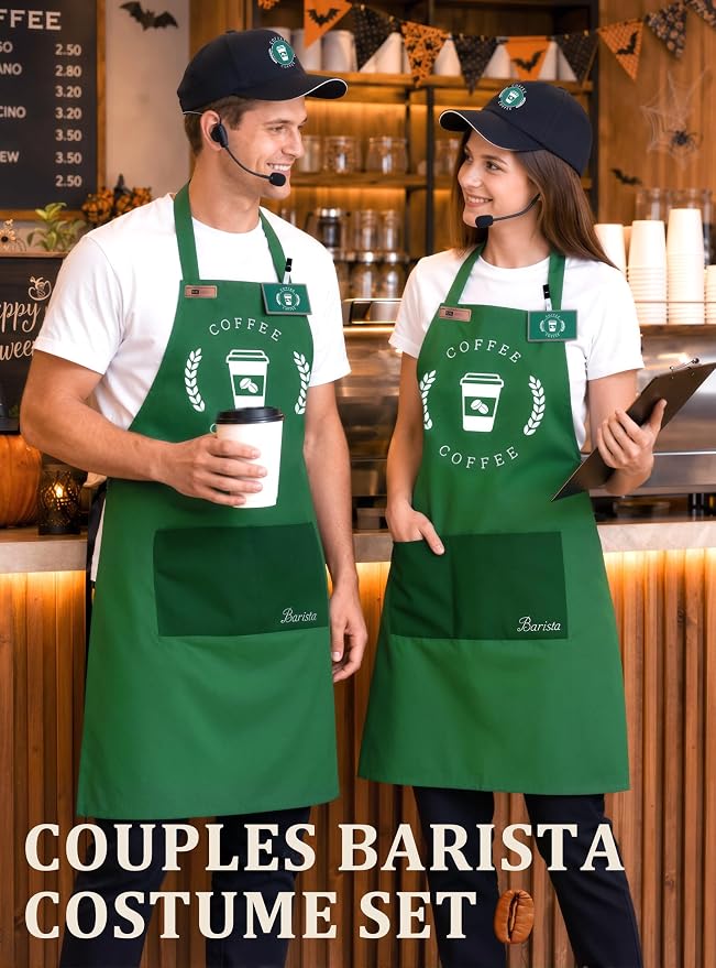 Halloween Barista Costume for Couples Cosplay, Duo Costumes for Best Friend | Simple Couples Halloween Costumes with Green Apron and Cap for Adult, Coffee Maker Outfit - Image 5