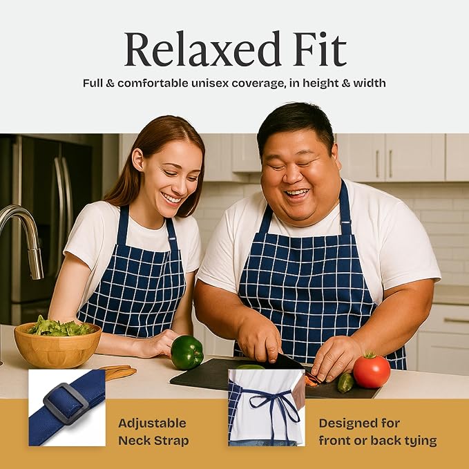 Will Well Kitchen Apron for Men and Women - 33" x 27" Oil-and-Water-Resistant with Adjustable Neck Strap and 38" Waist Ties for a Snug Fit, Lightweight with 2 Front Pockets - 1-Pack, Navy Checkered | Unisex 33'' x 27'' Oil & Water Resistant Soft Kitche... - Image 6