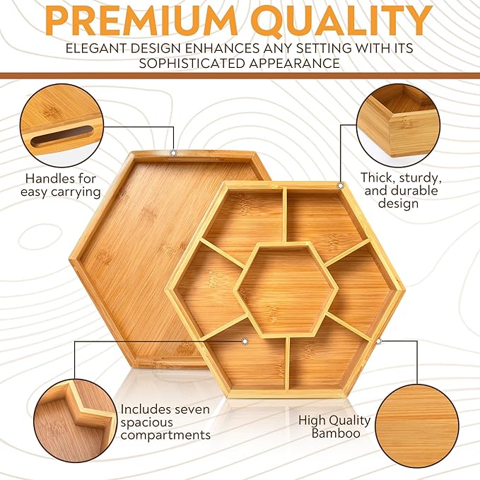 Snack Tray with Lid That Doubles as a Serving Tray – 13"x11" Bamboo Wooden Dry Fruit Tray for Nuts & Candy, Decorative Trays for Home Decor, Coffee Table or Ottoman Use (Bamboo, 13"x11")