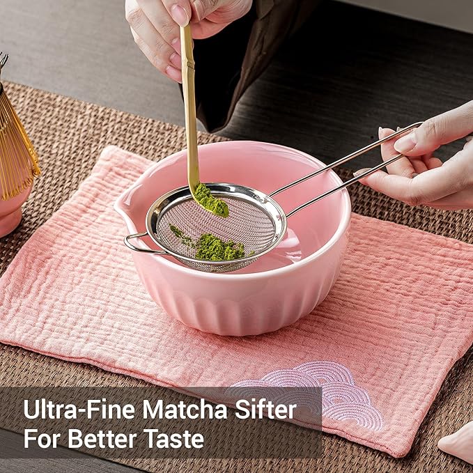 Matcha Whisk Set, 7Pcs Pink Matcha Kit Includes Ceramic Bowl, Whisk and Holder, Bamboo Scoop, Scoop Rest, Sifter and Tea Towel