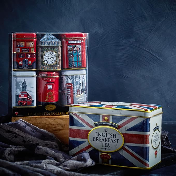New English Teas Best of British Tea Collection - 6 Iconic London Tins Gift Set (Bus, Big Ben, Phone Box, Post Box) - 4.7oz Loose Leaf English Tea