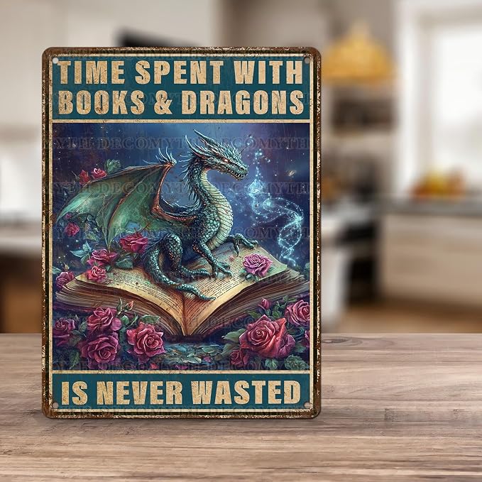 Dragons Vintage Tin Sign Time Spent With Books And Dragons Is Never Wasted Tin Sign for Garage Home Bedroom Bar Wall Decor 12 * 16inch - Image 5