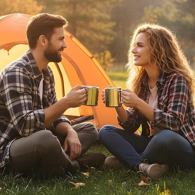 4 PCS Stainless Steel Cups Mit Handle, 10oz/300ml Metal Double Walled Cups Anti Scalding Insulated Mugs Reusable Metal Cup Tumbler for Home Camping Travel Outdoors Coffee, Milk,Tea and Cold or Hot