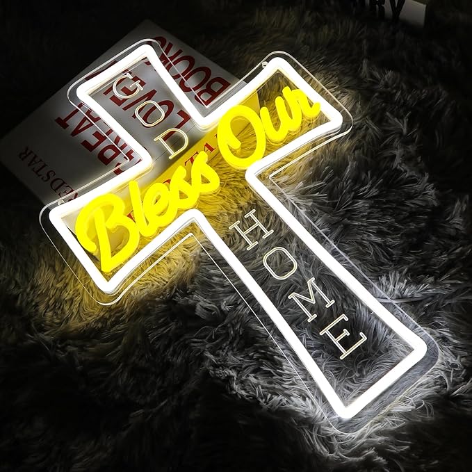 God Bless Our Home Neon Sign for Wall Decor Dimmable Jesus Cross Led Sign for Christian Home Neon Light for Church Party Christams Decoration Prayer Room Religious Gift