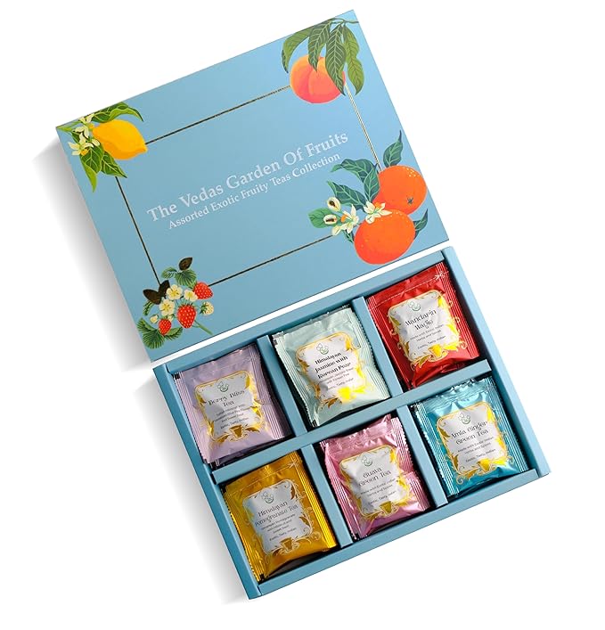 The Vedas garden of Fruits Premium Herbal Tea Selection Gift Set Box Ideal Gifts For Women & Men, Birthday, Anniversary & Self-Care Eco-Friendly | 24 handstitched cotton teabags | 6 different flavours
