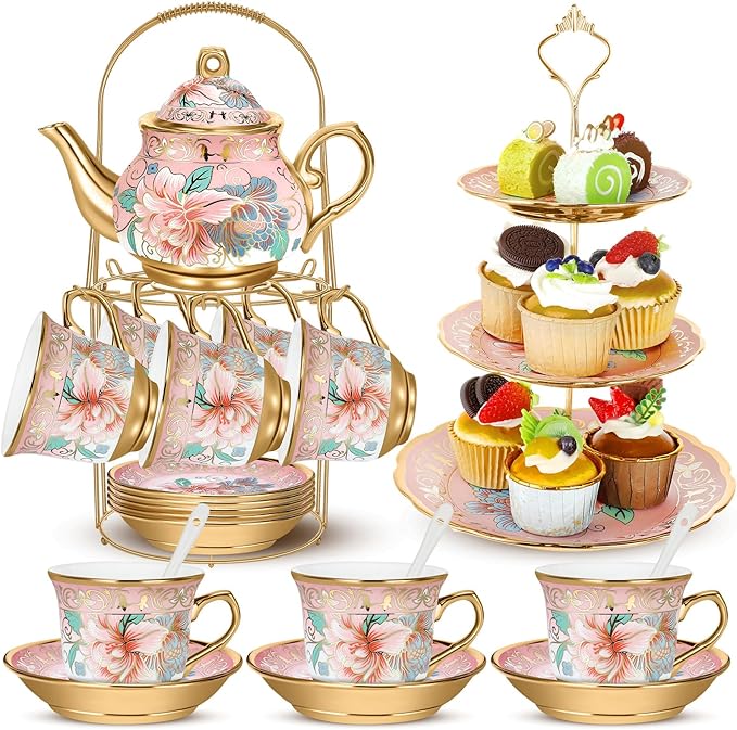 21 Pcs Ceramic Teapot Set Vintage Porcelain Tea Cups with Metal Holder and High Tier Cupcake Stand Saucers for Women Girls Farmhouse European Weddings Party Decor Gifts(Pink,Spring)