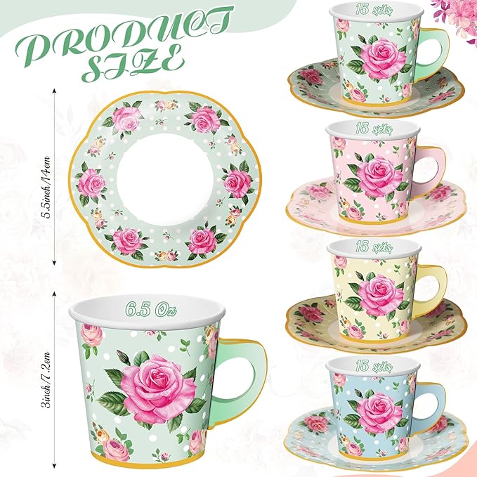 Umigy 60 Sets Tea Party Decorations 6.5 oz Floral Paper Tea Cups with Handle and Plates Disposable Blossom Teacups and Saucers Sets for Girls Kids Birthday Garden Wedding Party Supplies(Multicolor)