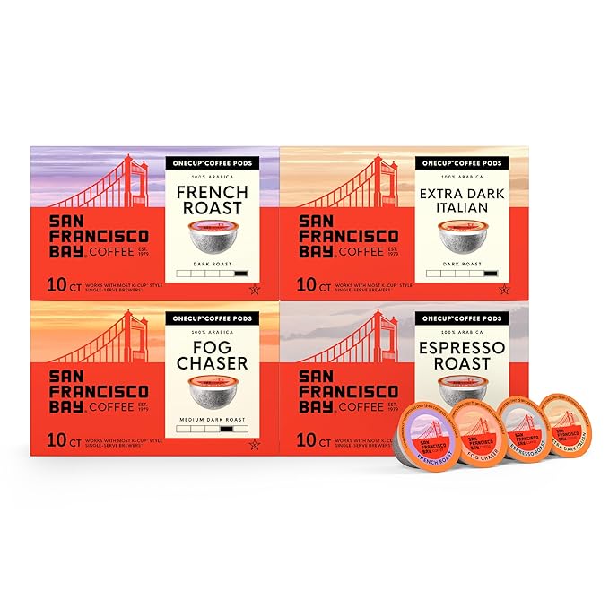 San Francisco Bay Coffee - Dark Roast Variety Pack (40 ct) - Fog Chaser, Espresso Roast, French Roast, & Extra Dark Italian - Single Serve Coffee Pods, Commercially Compostable, K Cup Compatible