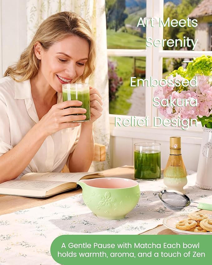 Matcha Whisk Set, 6pcs Matcha Set Includes Matcha Bowl, Bamboo Whisk & Scoop with Cute Charm, Chasen Holder, Innovative Sifter, Tea Mat for Japanese Tea Ceremony, Pale Green