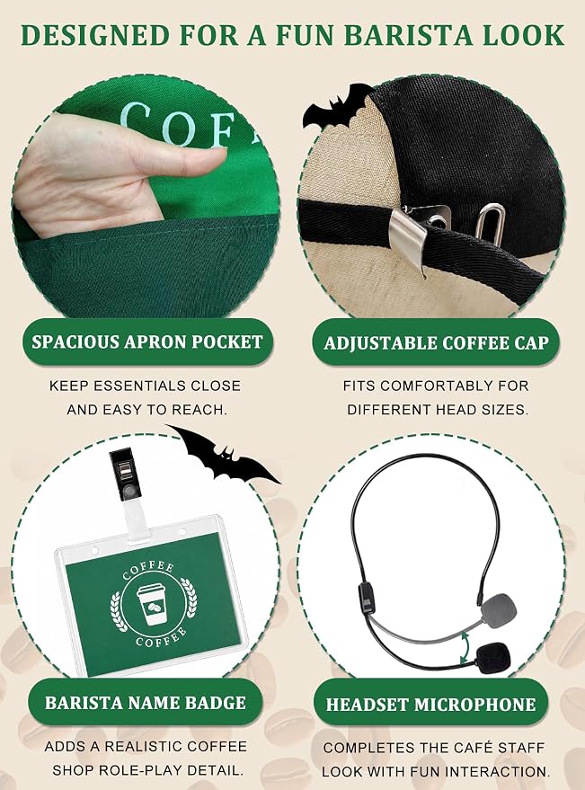 Halloween Barista Costume for Couples Cosplay, Duo Costumes for Best Friend | Simple Couples Halloween Costumes with Green Apron and Cap for Adult, Coffee Maker Outfit - Image 3