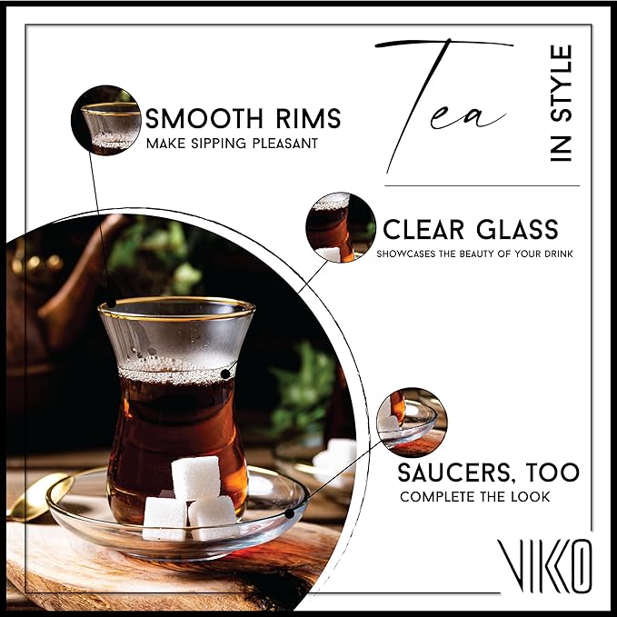 Vikko Turkish Tea Glasses & Saucers, Set, 6 Cups and 6 Plates, 5.5 Oz Tea Cups, Turkish Glass Tea Set For Six, Clear Glass Tea Cups And Saucers, Gold Accented
