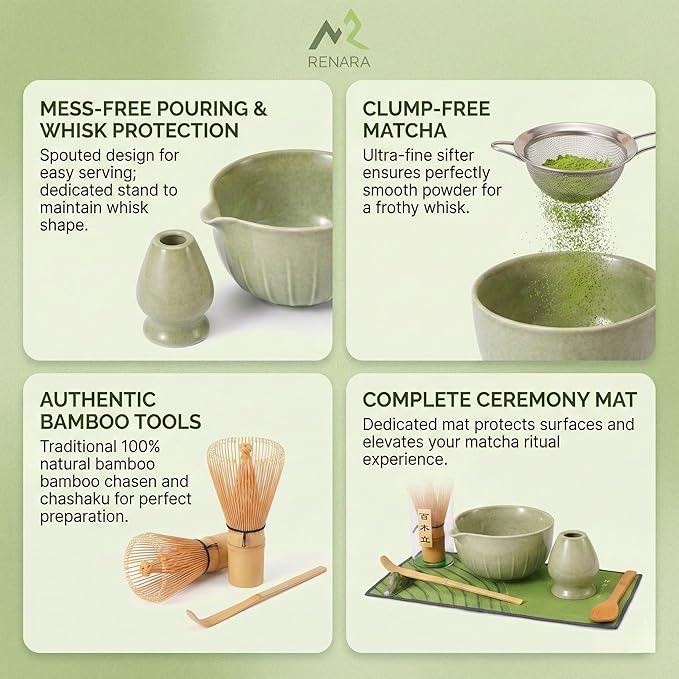 Matcha Whisk Set 9 Pcs | 19oz Ceramic Matcha Bowl with Bamboo Whisk & Holder, Sifter, Chashaku Scoop, Wooden Spoon, Scoop Rest, Tea Towel & Gift Box | Complete Matcha Set Kit for Matcha Lovers