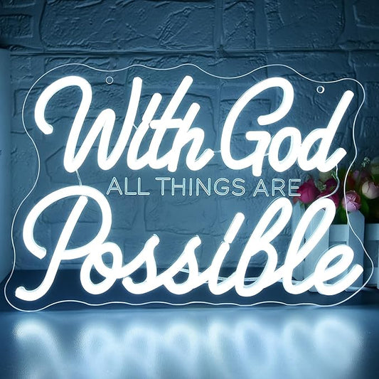 With God All Things Are Possible Neon Sign for Wall Decor Dimmable God LED Neon Light Jesus Christian Decor for PrayerRoom Home Church Party White Inspirational Signs Wall Art Size 13.8*9.3in(GLNP214)