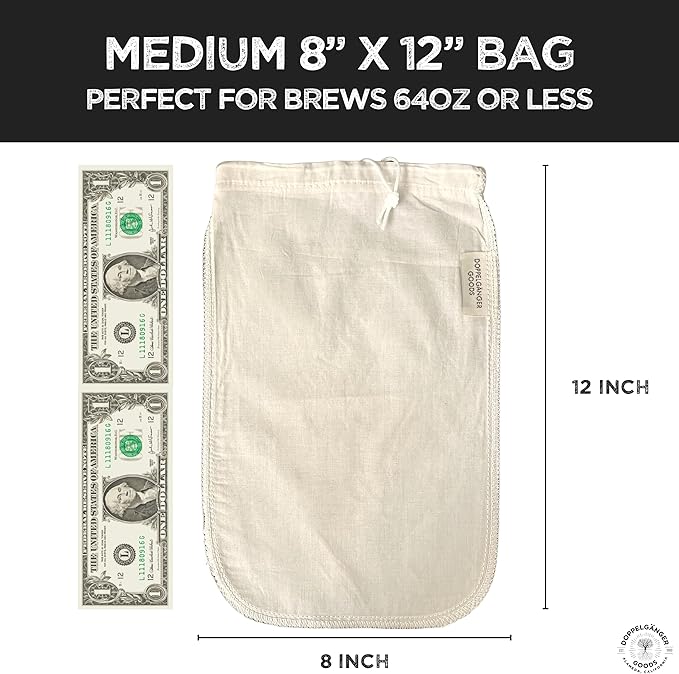(1-Pack, Medium 8in x 12in) Organic Cotton Cold Brew Coffee Bag - Designed in California - Reusable Coffee Filter with EasyOpen Drawstring Cold Brew Maker for Pitchers, Mason Jars, & Toddy Systems