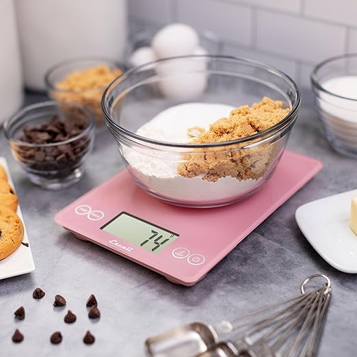 Escali Arti Glass Food Scale Digital Countertop Kitchen, Baking and Cooking Scale with Large Display, 15-Pound Capacity, 9" x 6.5" x .75", Classic Pink