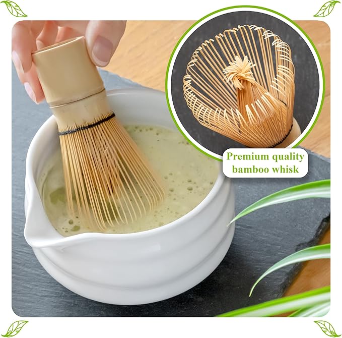 Matcha Whisk Set- Matcha Set includes Matcha Whisk and Bowl with Spout, Sifter, Holder and Scoop- The Perfect Bamboo Whisk for Matcha Tea (White)