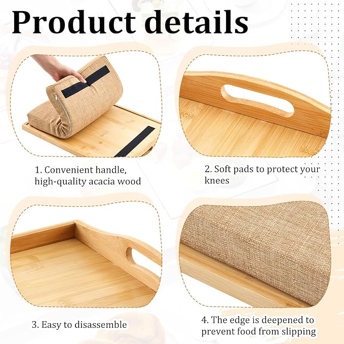 Tioncy 1 Piece Bamboo Lap Tray with Detachable Pillow 16.9'' x 13'' Lap TV Trays Desk with Handles for Adults Eating in Recliner Breakfast Housewarming Gift (Natural Color,Flaxen)