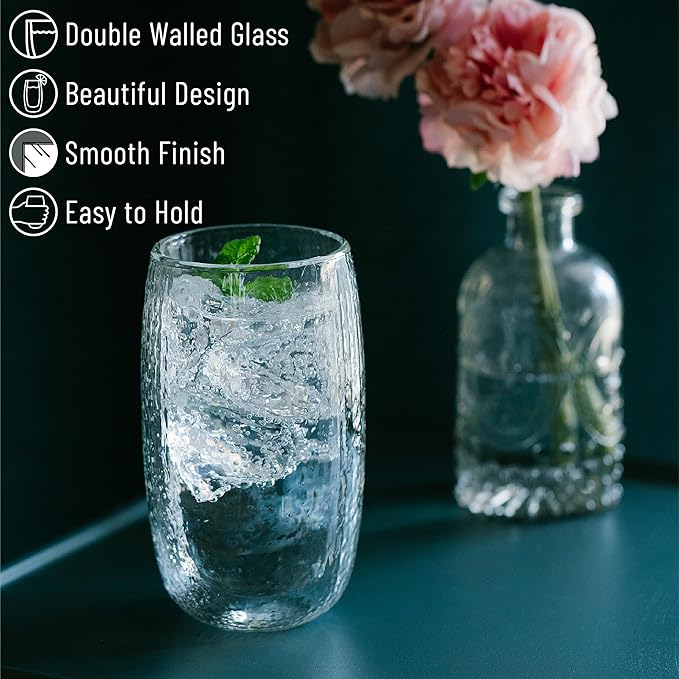 BTaT- Double Walled Glasses, 4 Pack, 12 oz (350 ml), Insulated Dotted Glass Cups, Double Wall Drinking Glasses for Iced Tea, Juices, Water, Cocktails, Hot and Cold Beverages