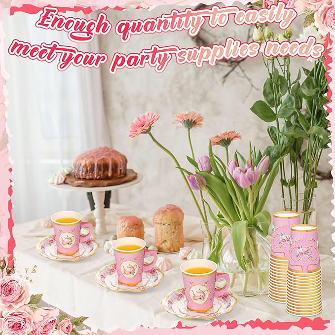 Domensi 60 Pieces Tea Party Decorations Include 30 Pcs 9 oz Paper Cups with Handle and 30 Pcs Tea Party Paper Plates Disposable Blossom Teacups and Saucers for wedding Favors(Teapot)