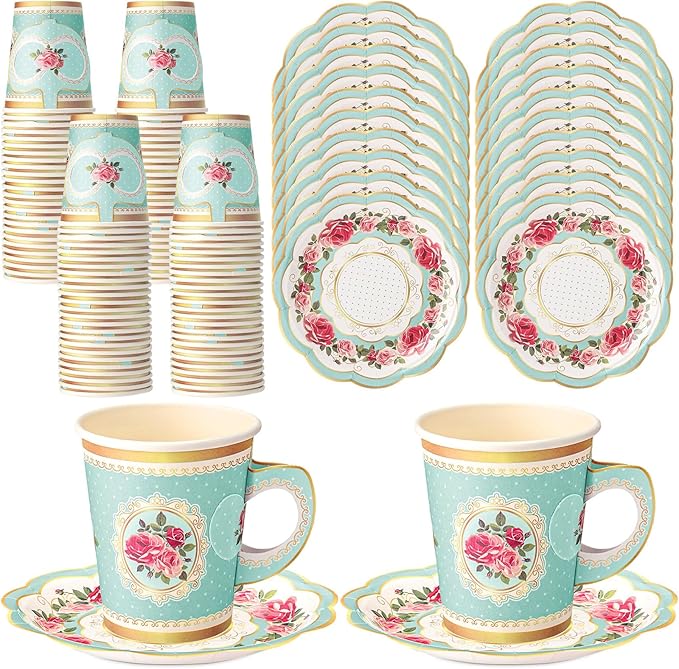 Tioncy 100 Pcs Tea Party Decorations Include 50 Pieces 9 oz Paper Tea Cups with Handle and 50 Plates Disposable Teacups and Saucers Sets for Birthday(Blue Floral)