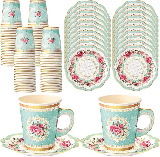 Tioncy 100 Pcs Tea Party Decorations Include 50 Pieces 9 oz Paper Tea Cups with Handle and 50 Plates Disposable Teacups and Saucers Sets for Birthday(Blue Floral)