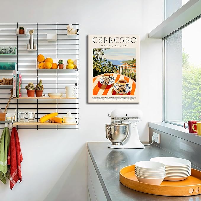 Vintage Espresso Kitchen Wall Art – Retro Italy Coffee Sign Canvas Prints – Framed Cozy Coffee Bar Wall Decor for Dining Room Kitchen Home Decoration – 12x16in