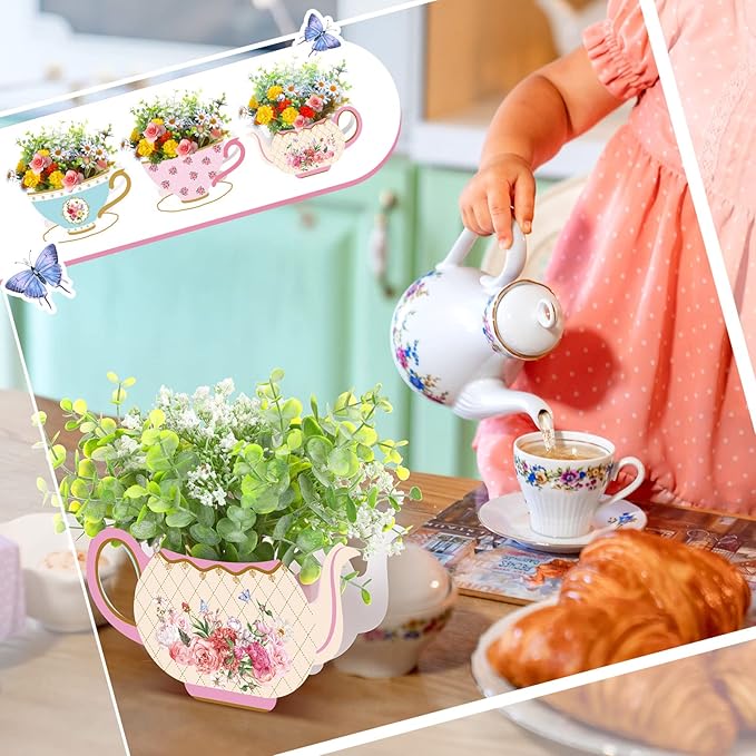 Yinder 6 Pcs Tea Party Decorations Princess Party Flower Boxes Centerpiece Floral Teapot Centerpiece for Floral Tea Themed Birthday Wedding Supplies(Retro Tea Pot Tea Cup)