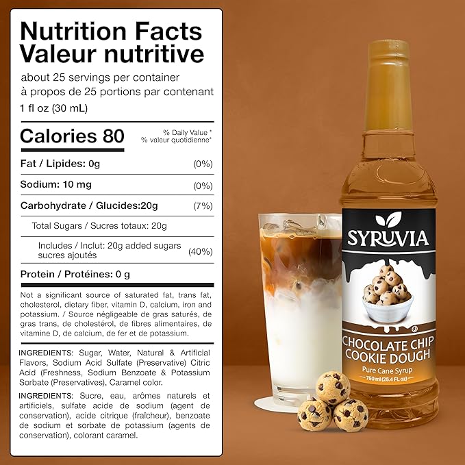 Syruvia Coffee Syrup, Chocolate Chip Cookie Dough Flavored Syrup for Drinks, Lattes, and Desserts – 25.4 fl oz, With Pump