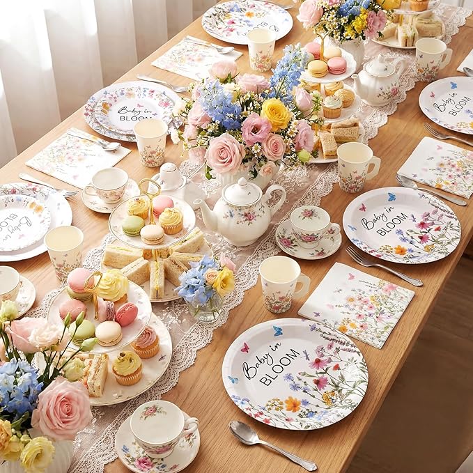 Pickmesh 252 Pcs Baby in Bloom Tea Party Supplies for 36 Guests Wildflower Paper Disposable Dinnerware Flower Teacup with Handle and Saucers Set for Tea Party Decorations Birthday Baby Shower Wedding