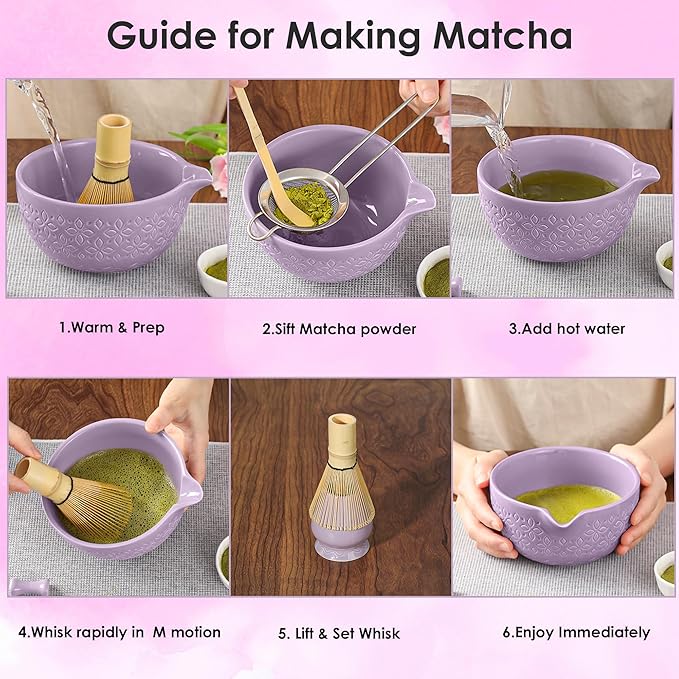 Matcha Whisk Set Matcha Kit - 7 Pcs Japanese Tea Set Includes Matcha Bowl with Spout,Bamboo Whisk with Ceramic Holder,Bamboo Scoop and Rest,Sifter,Tea Towel, for Ceremony Matcha Lovers Gift,Purple