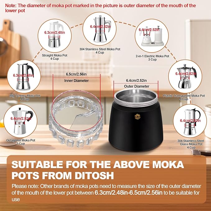 Moka Pot Dosing Funnel Transparent Mocha Dispenser Precise Volume Control Perfect Extraction Ratio for 3 Cup Aluminum Espresso Stovetop Coffeemaker-M65mm