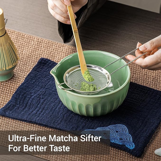 Matcha Whisk Set, Matcha Kit Includes Ceramic Matcha Bowl, 7 Pcs Matcha Tea Green- Whisk and Holder, Bamboo Scoop, Scoop Rest, Sifter and Tea Towel