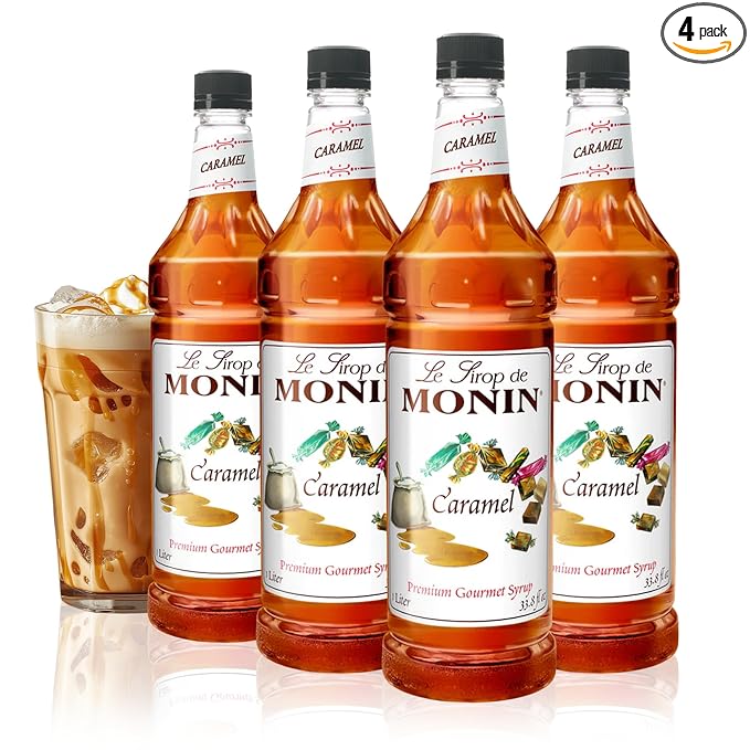Monin - Caramel Syrup, Rich and Buttery, Great for Desserts, Coffee, and Cocktails, Gluten-Free, Non-GMO (1 Liter, 4-Pack)