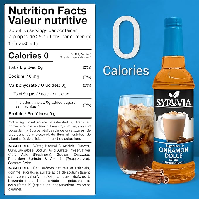 Syruvia Sugar Free Coffee Syrup, Cinnamon Dolce Flavored Syrup for Drinks, Lattes, and Desserts – 25.4 fl oz